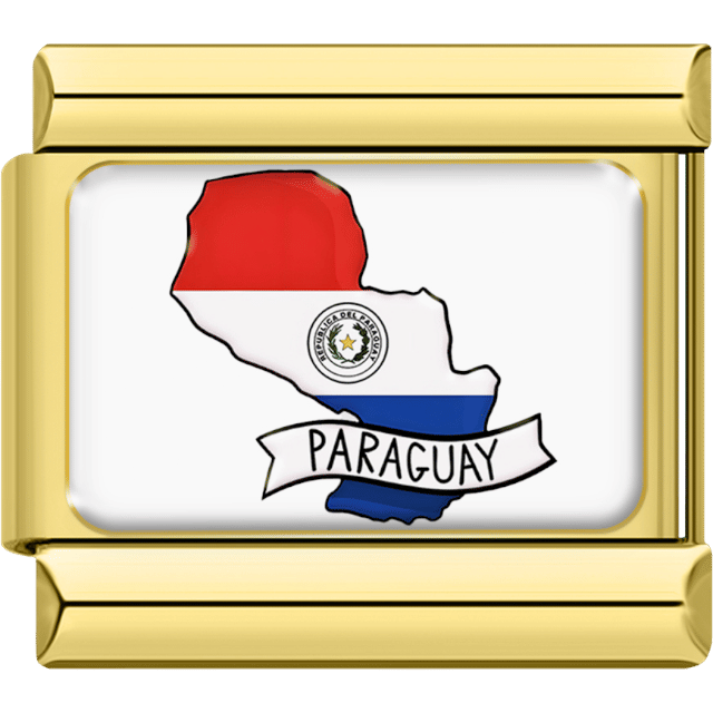 Gold-bordered Italian charm showing the shape of Paraguay in red, white and blue flag colors with the national seal, and a white banner labeled “Paraguay.”
